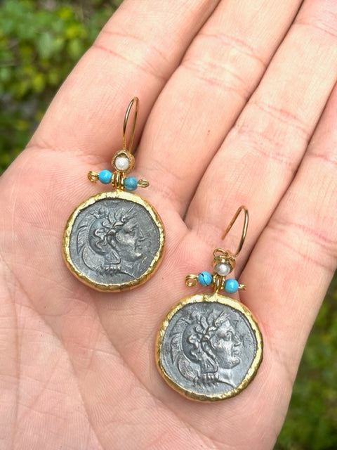 Roman Coin Earrings - Turquoise