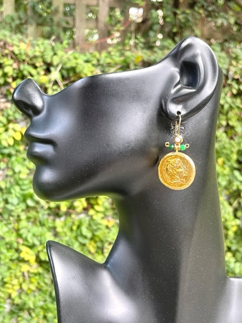 Roman Coin Earrings - Green Onyx
