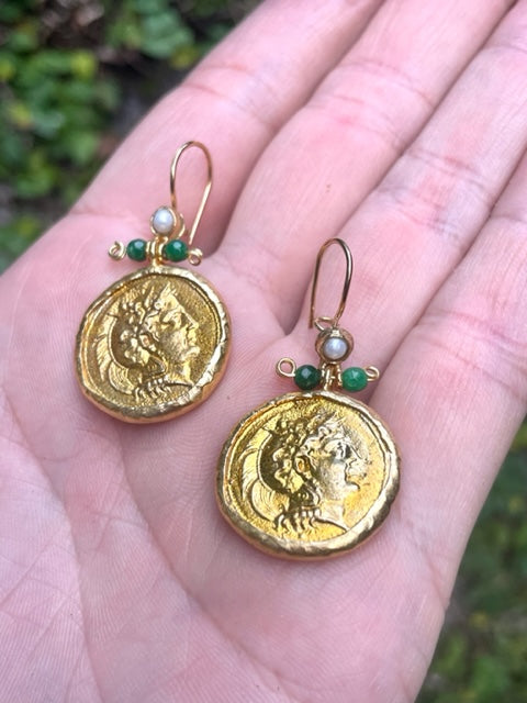 Roman Coin Earrings - Green Onyx