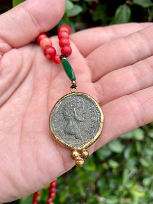 Roman Coin Necklace - Red Coral