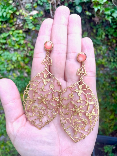 Gold Lace Earrings - Coral
