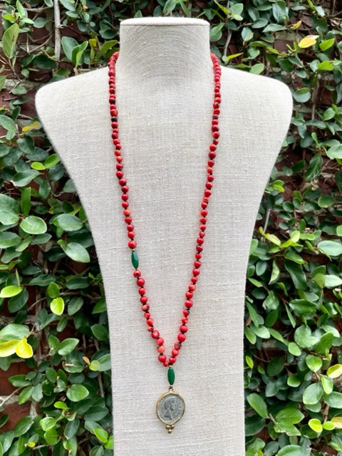 Roman Coin Necklace - Red Coral