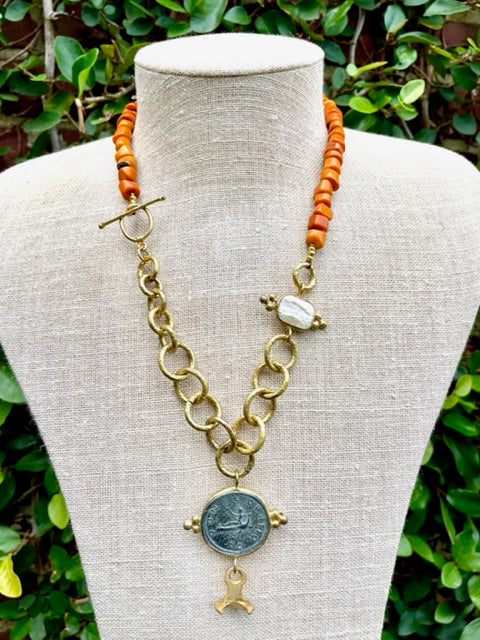 Coral, Pearl & Roman Coin Necklace