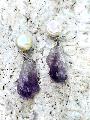 Amethyst Crystal & White Coin Pearls