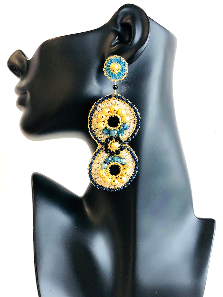 Crochet Circle Earrings - Blue / Gold