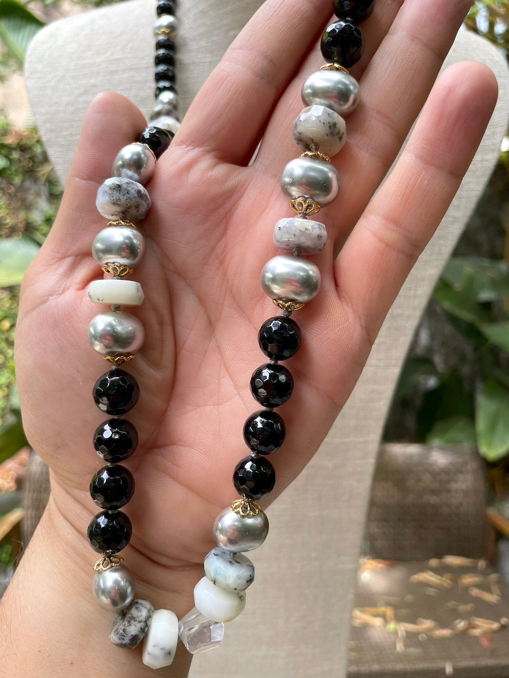 Black Onyx, Pearl, & Quartz Necklace