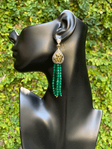 Stone Tassel Earrings - Green Onyx
