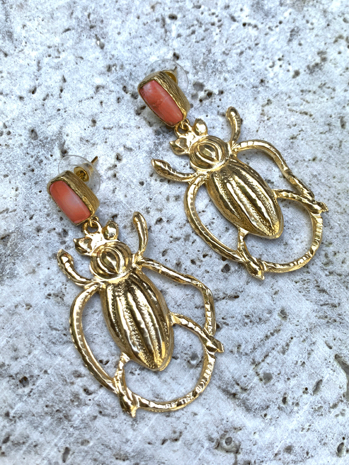Brass Beetle Earrings - Pink Coral