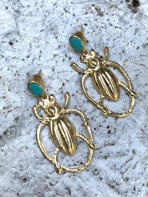 Brass Beetle Earrings - Turquoise