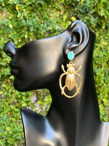 Brass Beetle Earrings - Turquoise