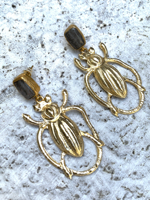 Brass Beetle Earrings - Labradorite