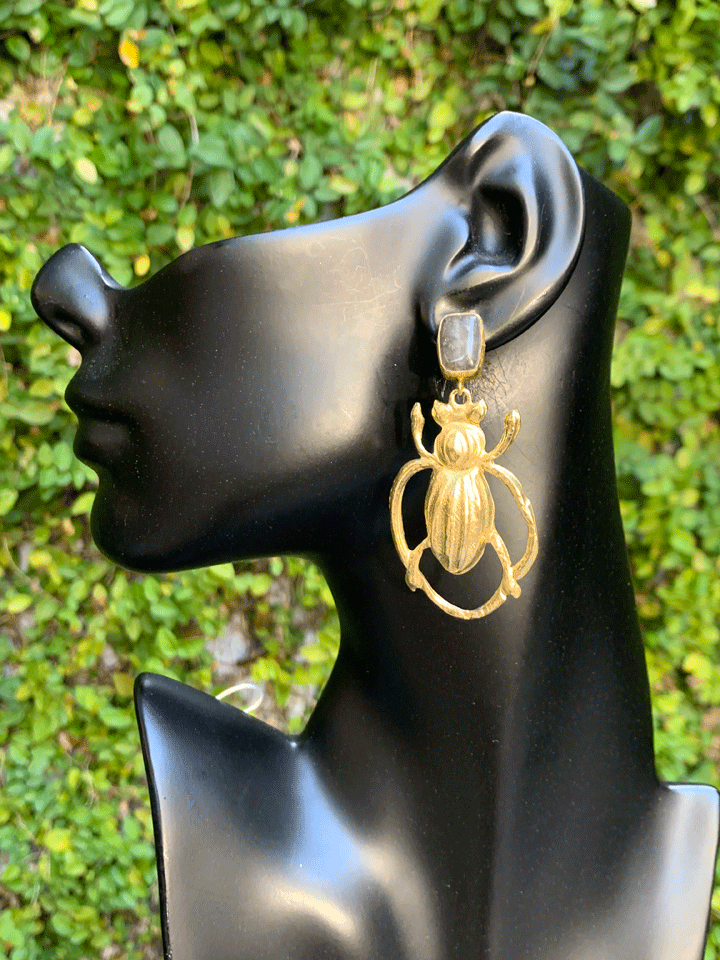 Brass Beetle Earrings - Labradorite