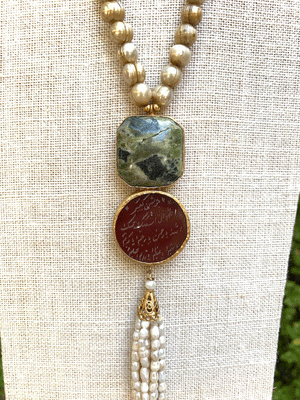 Turkish Pearl Tassel Necklace with River Jasper
