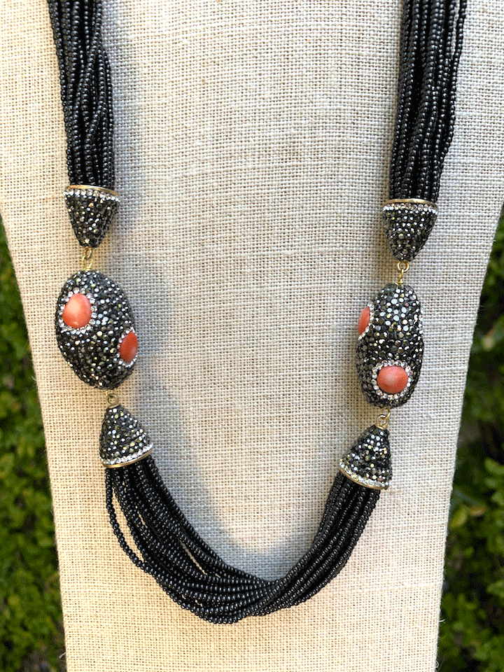 Pearl, Onyx & Coral Asymmetrical Necklace