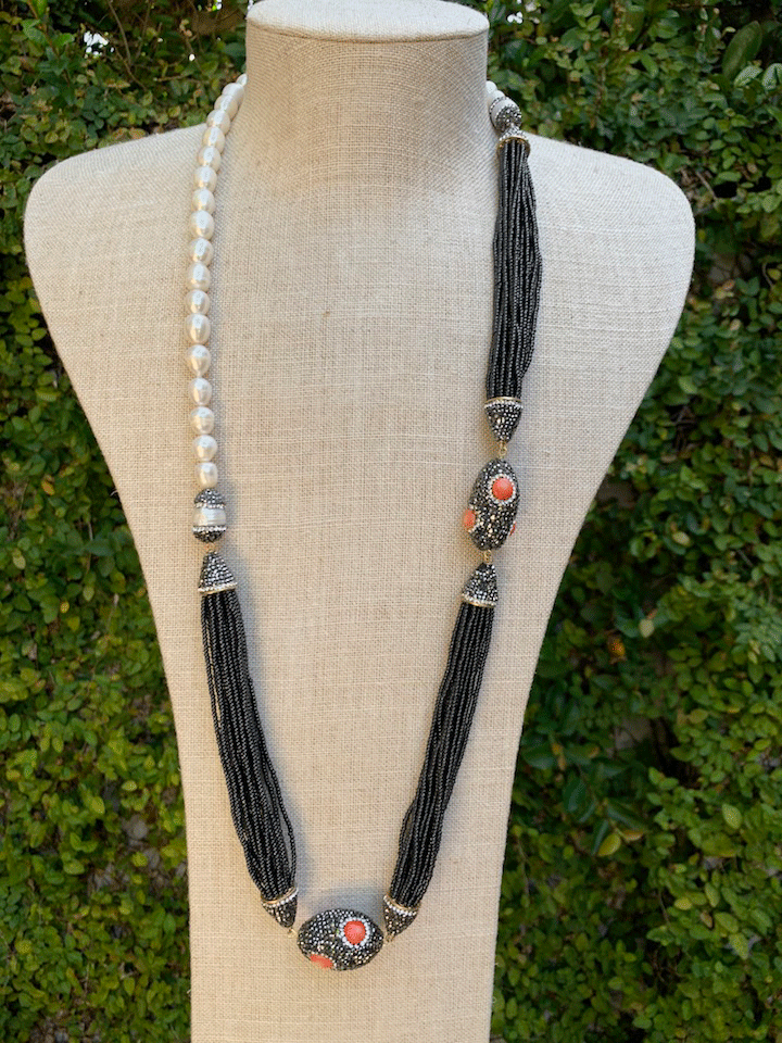 Pearl, Onyx & Coral Asymmetrical Necklace