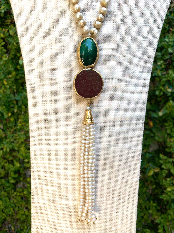 Turkish Pearl Tassel Necklace with Green Onyx