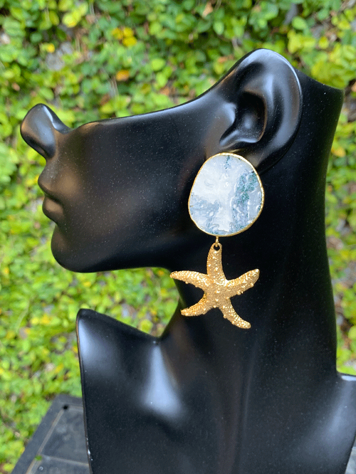 Moss Agate Starfish Earrings