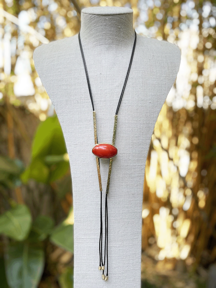 African Red Amber Lariat Necklace