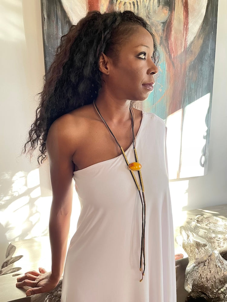African Yellow Amber Lariat Necklace